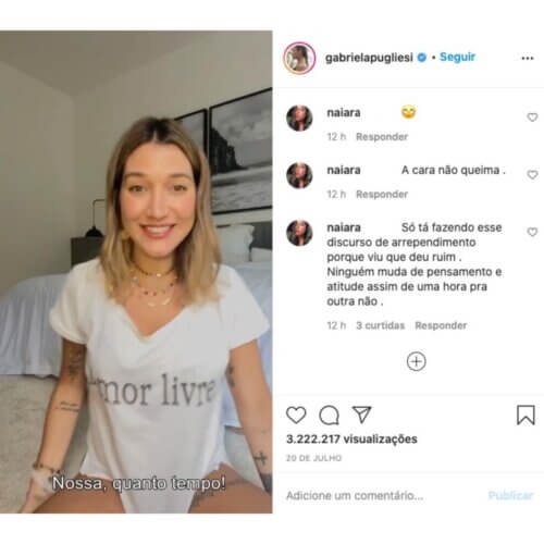 print do vídeo que gabriela pugliesi postou no instagram depois de ficar um tempo fora da rede social, depois que foi cancelada. comentários de uma seguidora questionam a volta da influenciadora. prints de posts nos stories da gabriela pugliesi, influenciadora que fez uma festa no início da pandemia e depois foi cancelada nas redes sociais. o que é a cultura do cancelamento e famosos que foram cancelados