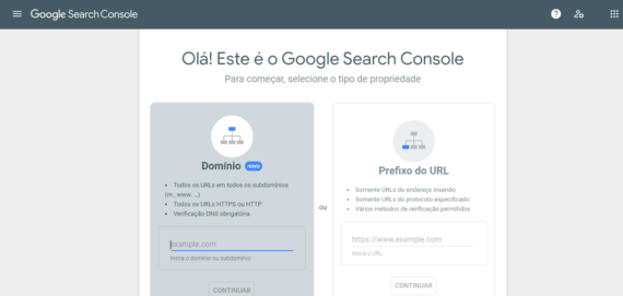 Tela principal do Google Search Console.